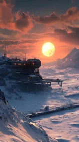 Remote polar outpost beneath molten winter sun at dusk.