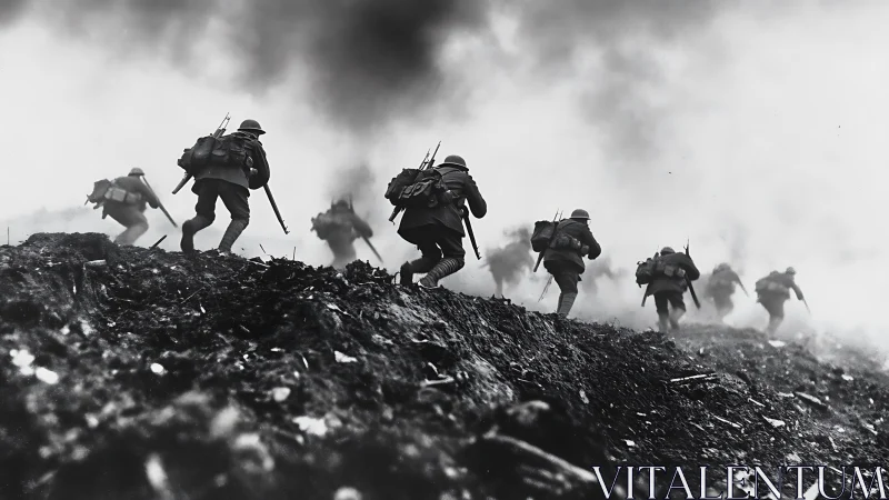Infantry squad advances uphill through dense battlefield smoke under fire