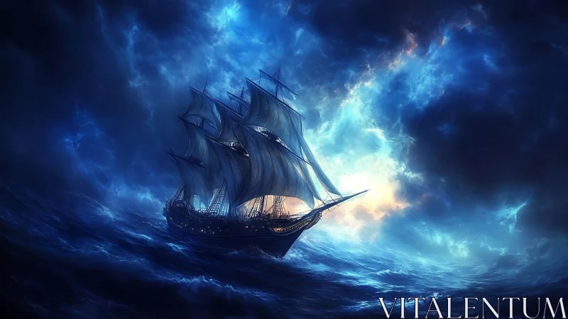 Stormlit tall ship welcomes adventure on glowing blue seas