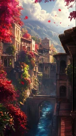 Sunlit cliffside city rises above a glowing sapphire canal.