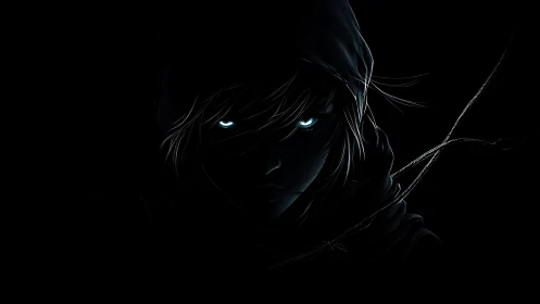 Mysterious hooded figure glowing softly in the dark night.