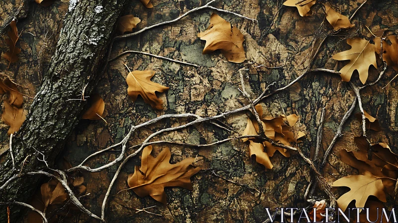 Autumn oak leaves and tangled branches form a rustic forest tapestry