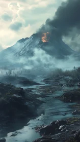 Gentle river winding below a restless misty volcano.