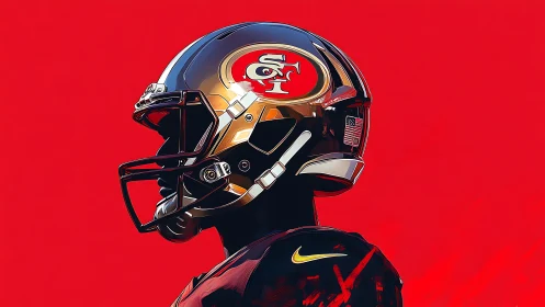 Side-profile digital illustration of gold football helmet on red