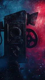 Vintage film projector silhouette against dual-color nebula field