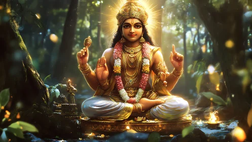 Golden forest deity meditates on lotus pedestal with halo