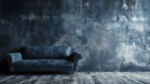 Dark blue sofa in moody industrial concrete interior.