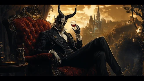 Elegant horned demon reclines in a throne above burning realm