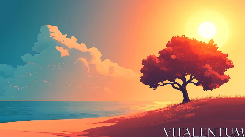 Solitary coastal tree under warm stylized sunset sky.