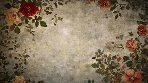 Vintage floral border with distressed textured parchment field