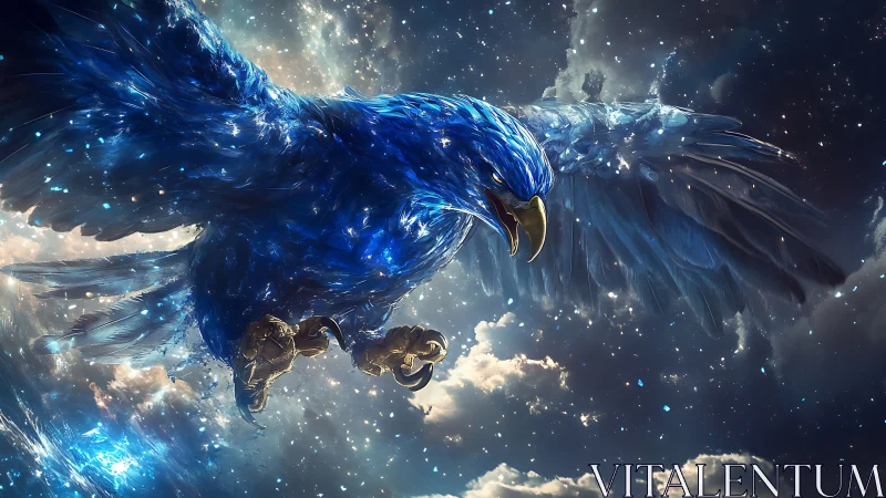 Majestic blue eagle soaring through cosmic night sky, digital art.
