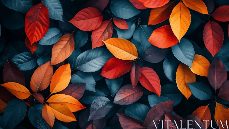 Autumn foliage forms a complementary red and teal chromatic field