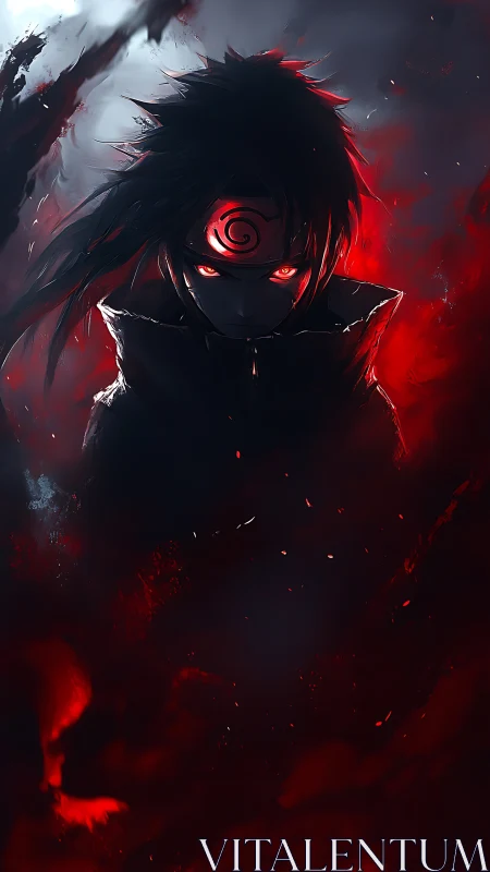 Shadows swirl as a red eyed anime warrior steps from darkness