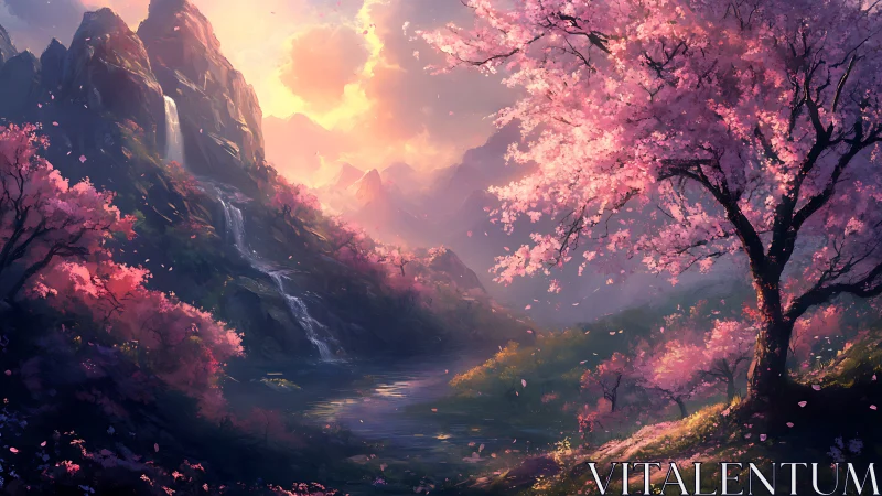 Sunlit cherry blossoms glow above a tranquil mountain valley