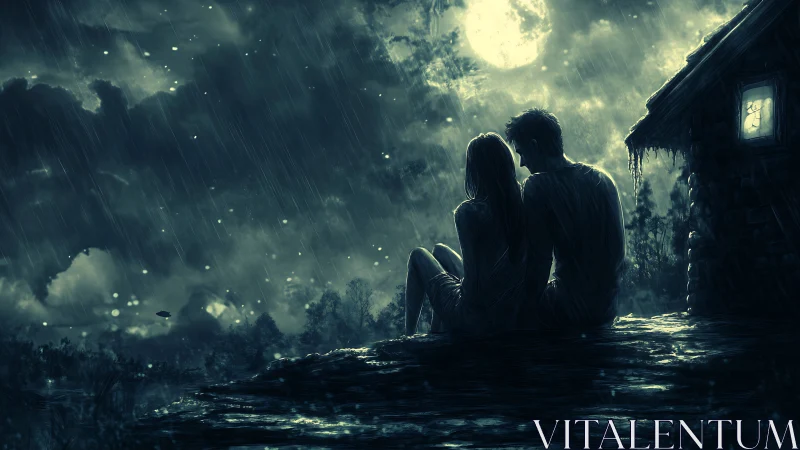 Two figures sheltered on structure during nocturnal rainfall