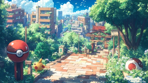 Sunlit city shrine with playful Pokémon-inspired details.