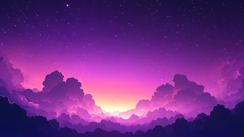 Radiant nebula sunrise above dreamy violet cloud sea.