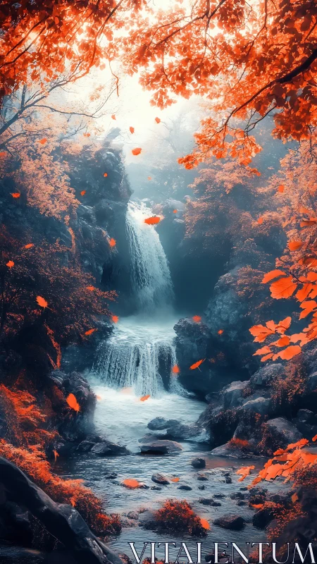 High-contrast autumn waterfall with cyan mist and drifting leaves