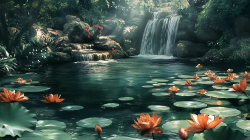 Digital waterfall lagoon with lotus foreground composition.