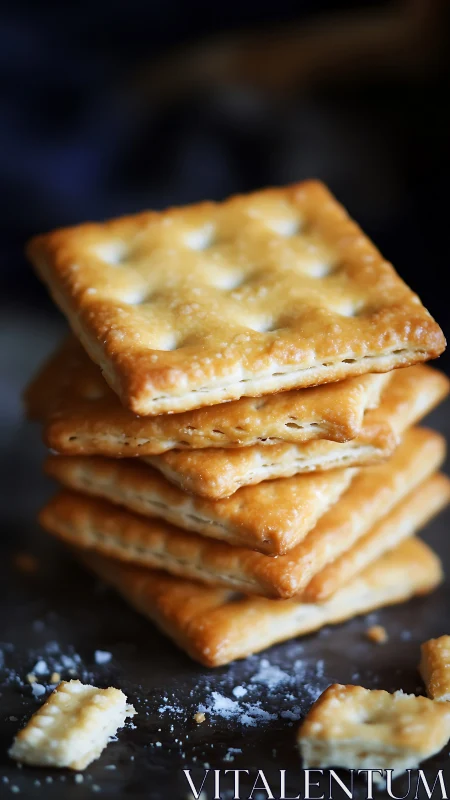 Stacked salted crackers with sesame seeds on dark surface.