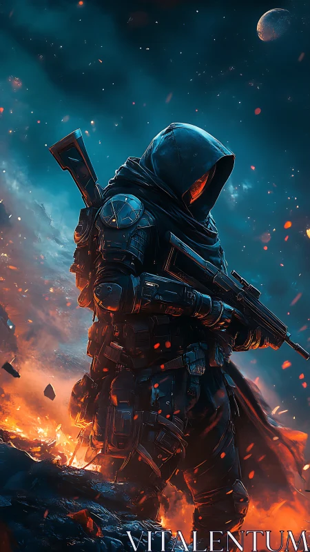 Hooded ember ranger patrolling a shattered cosmic battlefield.