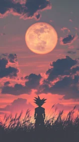Saiyan dusk watcher beneath a strawberry moonrise sky.