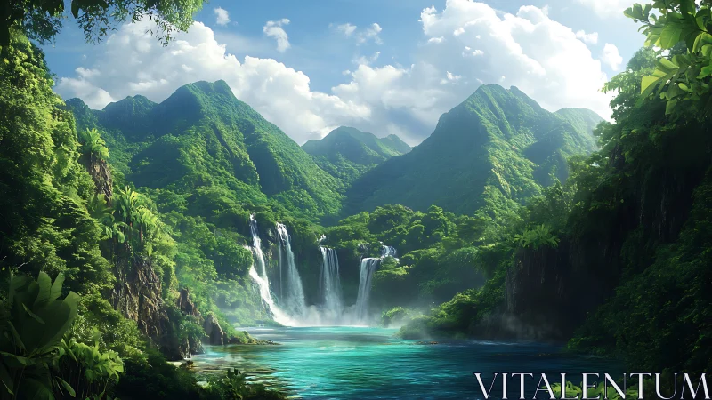 Lush tropical mountains surround multi tiered waterfall lagoon