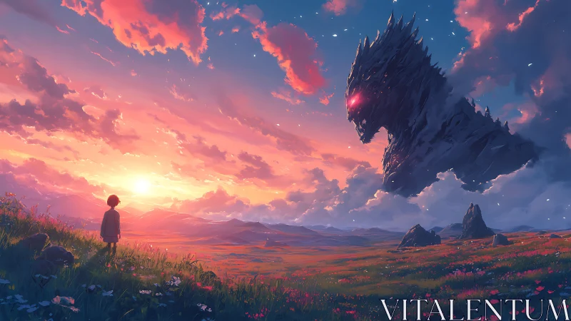 Sunset watcher confronting a colossal skyborn titan.