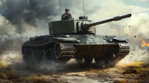 Tracked battle tank advancing across dusty open ground.