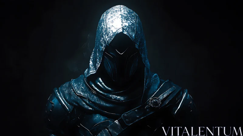 Hooded cybernetic assassin rendered in high-contrast digital chiaroscuro