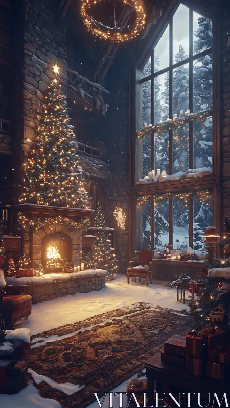 Cozy winter lodge glowing with twinkling holiday warmth.