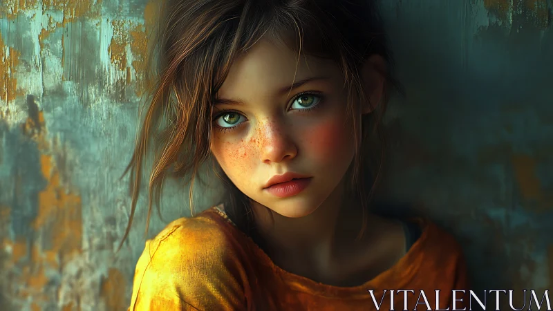 Freckled girl in orange shirt against worn teal wall.