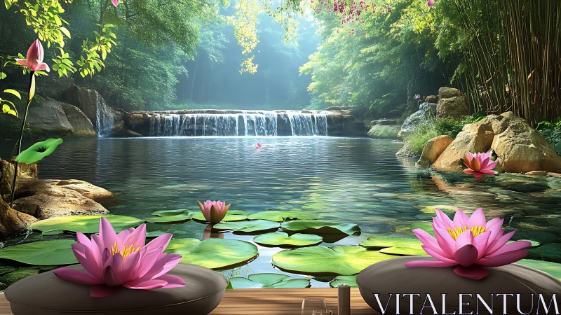 Lotus cushions quietly listen as a forest waterfall whispers