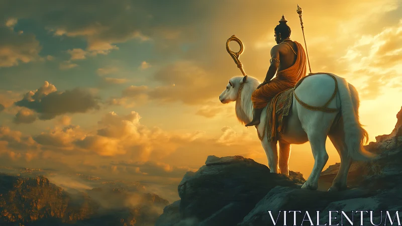Mythic rider on white steed overlooking golden stratocumulus sky