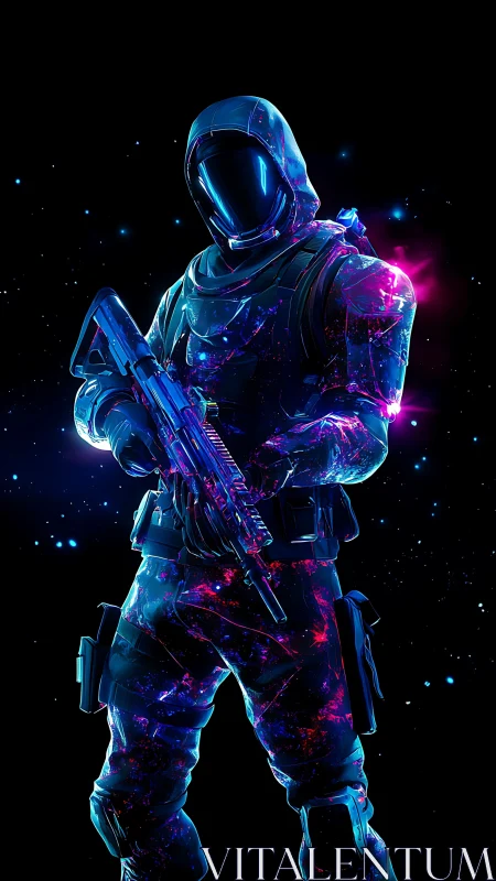 Neon armored space soldier holding rifle in cosmic void.