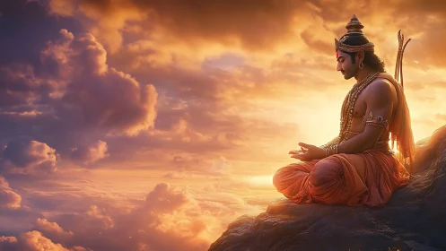 Divine warrior meditates above radiant celestial sunset