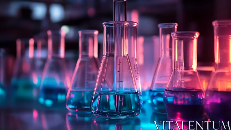 Glowing lab beakers filled with colorful liquid experiments.