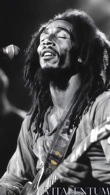 Soulful dreadlocked guitarist in monochrome stage portrait.