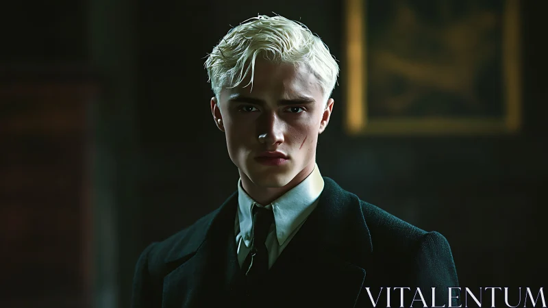 Young male subject stands in low-key, directional lighting