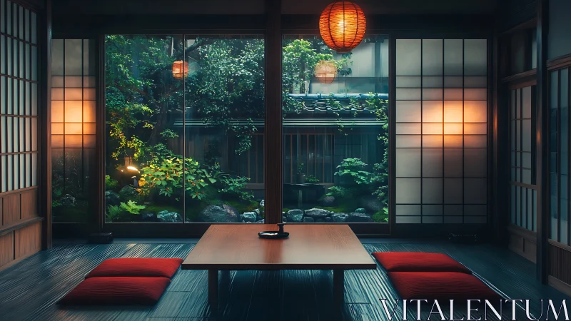 Tatami courtyard interface with lantern-lit spatial symmetry.