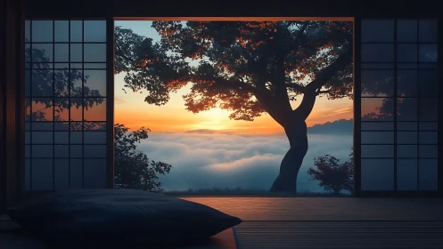 Serene tatami room framing misty valley sunrise view.