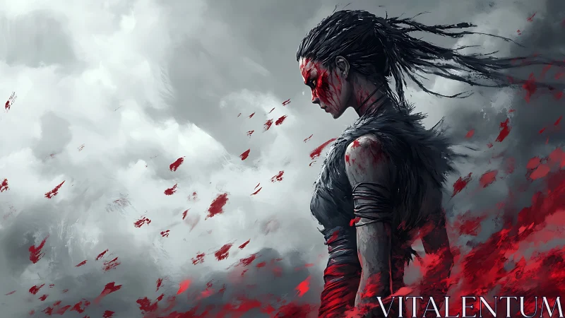 Warrior figure in profile amid red abstract motion field.