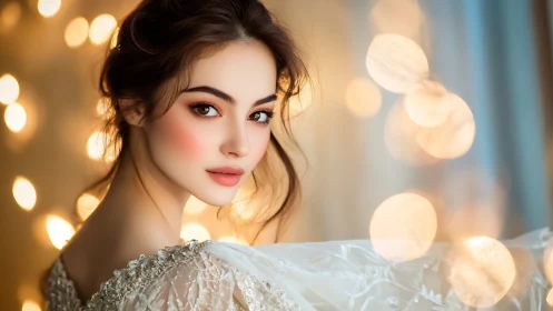 Bridal portrait with soft bokeh lights and luminous gaze.