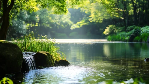 Tranquil forest pond with waterfall and lush greenery, natural light.