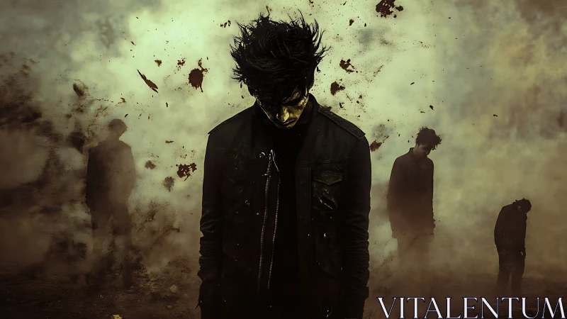 Shrouded male figure in fractured dust cloud with distant silhouettes