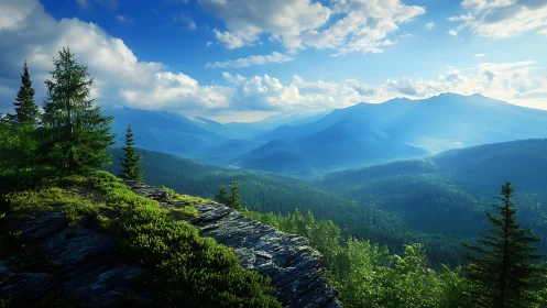 Sunlit alpine ridge overlooks deep blue forested valley