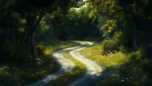 Winding Forest Path with Dappled Sunlight Through Canopy
