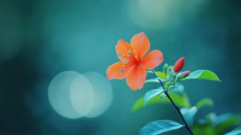Orange blossom macro against teal bokeh background.