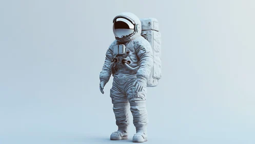 Minimalist 3D astronaut render in monochrome studio space.