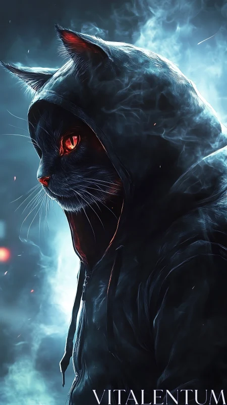 Midnight hacker cat stalks the neon mist in smoldering style